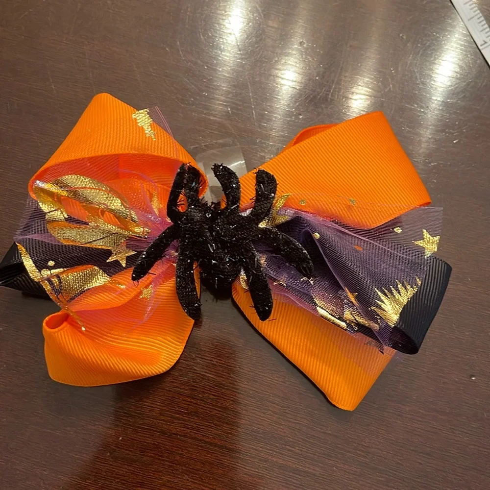 Black and Orange spider Hair Bow Halloween glitter tulle nwt